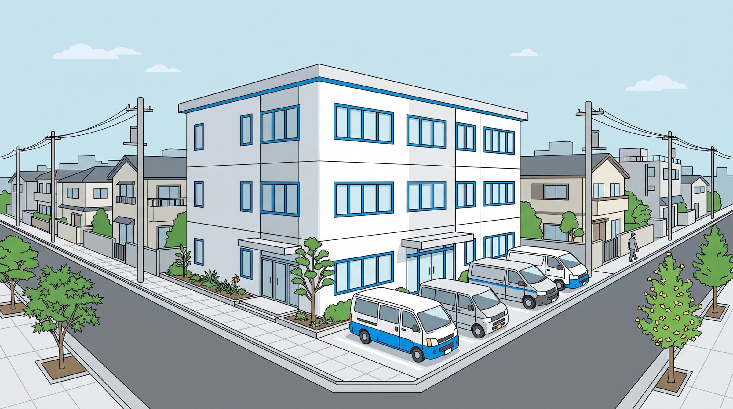 東邦サービスの社屋と業務車両